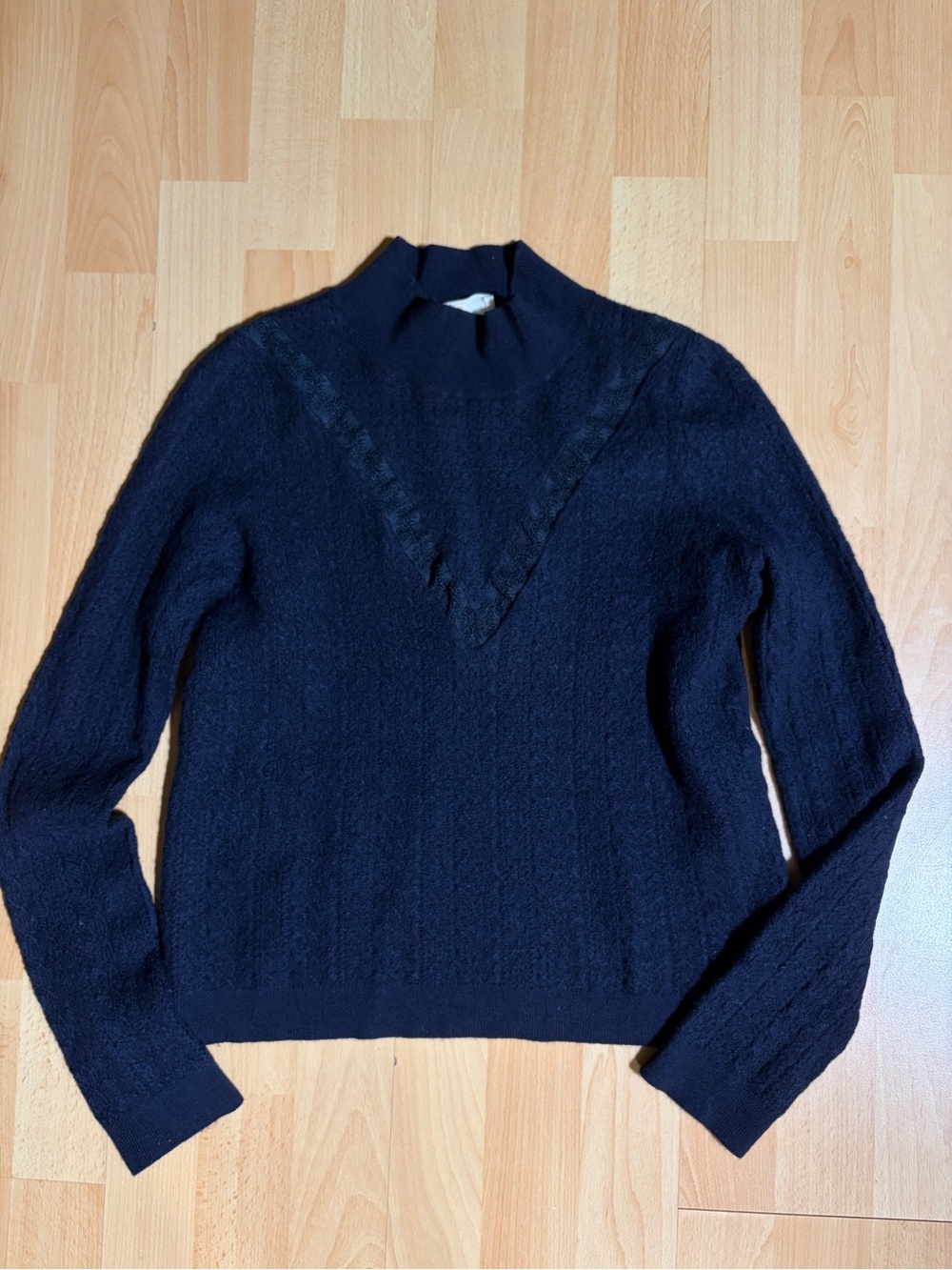 Sezane Anneli Sweater 100% Merino Wool Navy Lace-Inset Mockneck Pointelle Knit M - Picture 6 of 13